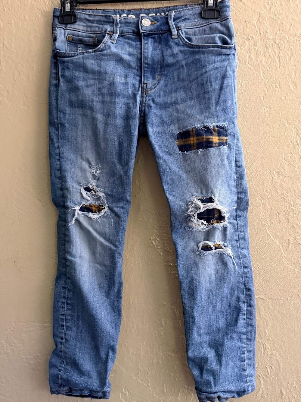 Kids Light Blue Ripped Jeans with Plaid Patch Detail